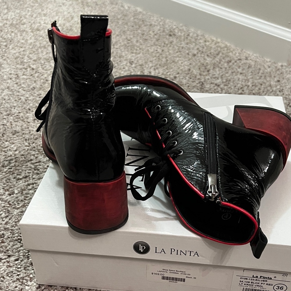 Black Patent Lace-Up Ankle Boots with Red Trim and Block Heel - Picture 4 of 6